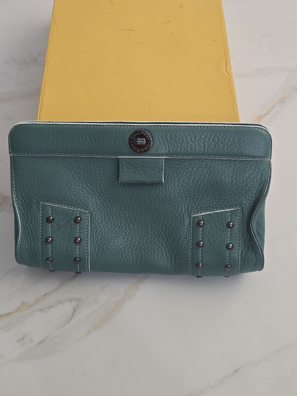 Cole Haan Teal Pebbled Leather Clutch with Stud Accents